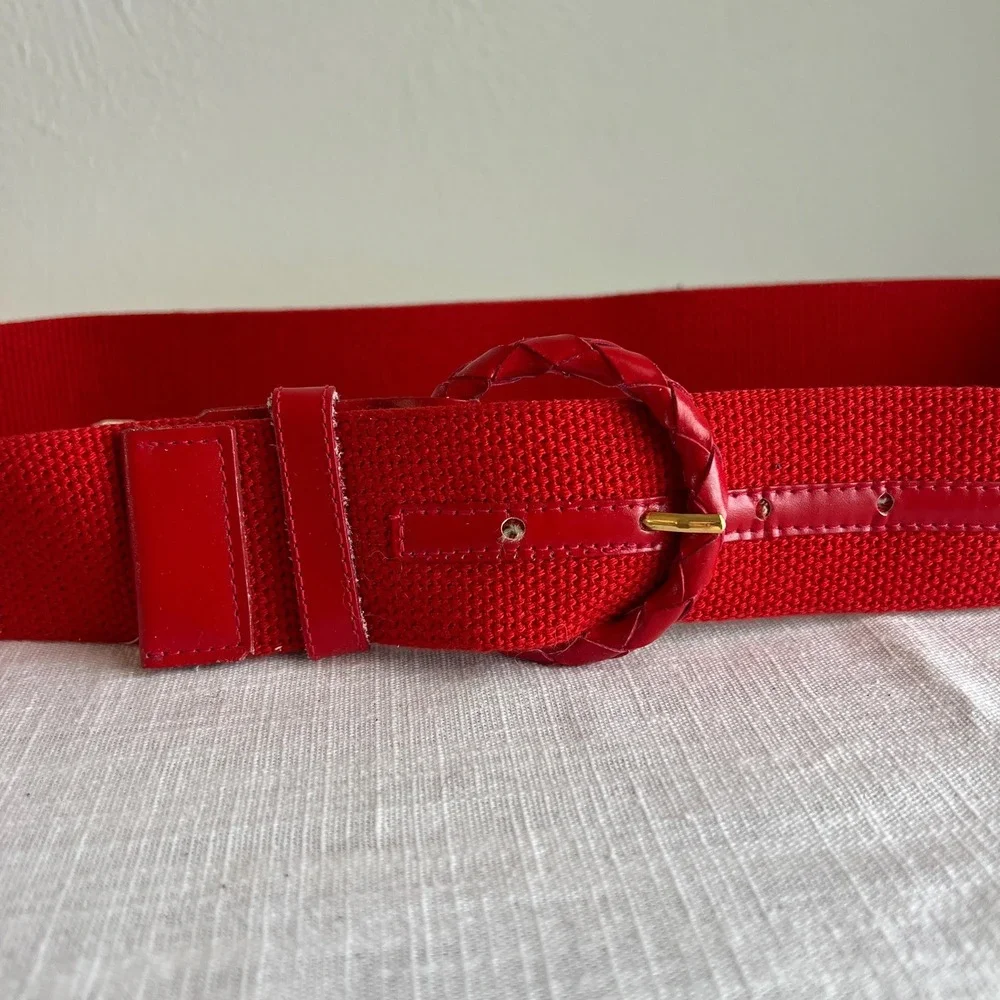 Vintage Red Woven Canvas Belt Braided‎ Leather Buckle 70s 80s